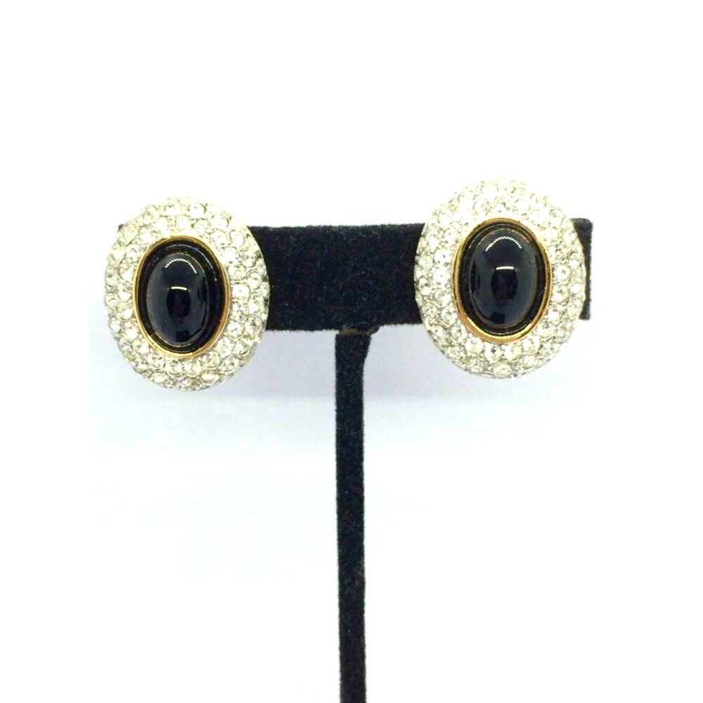 VINTAGE JL ADLENKAMP Earrings Pave Black Onyx Cabochon Gold Tone Clip On Glam